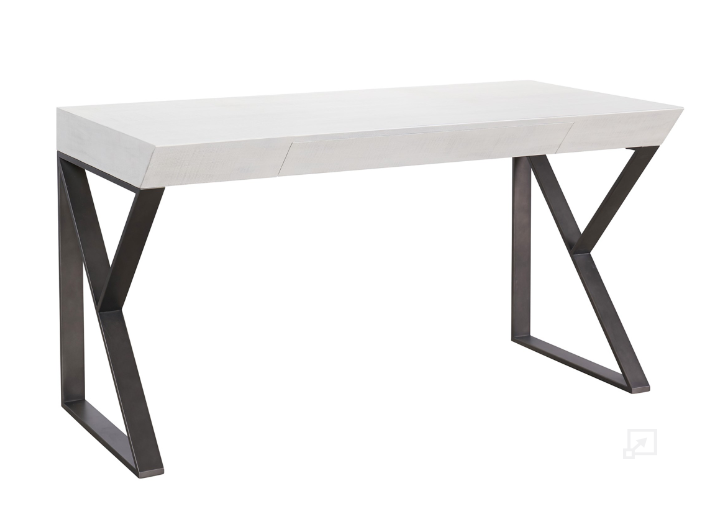 A modern writing desk with a white tabletop and dark metal legs in a geometric pattern.