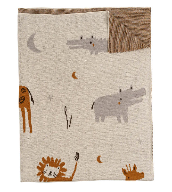 Beige and brown baby blanket with images of lions, crocodiles, hippopotamus, giraffe and other animals. 