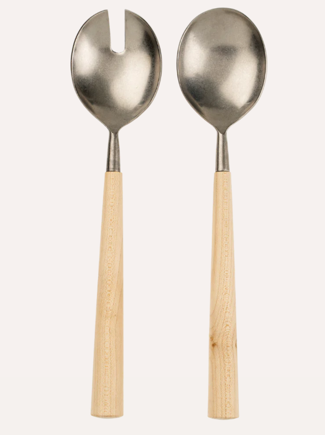 A pair of salad servers with one spoon and one fork, featuring stainless steel heads and maple wood handles with a matte finish.