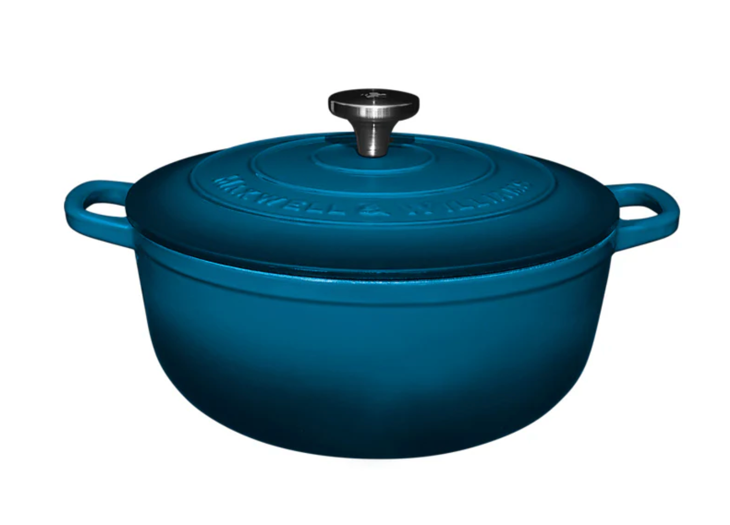 Blue cast iron cookware pot with lid on a white background