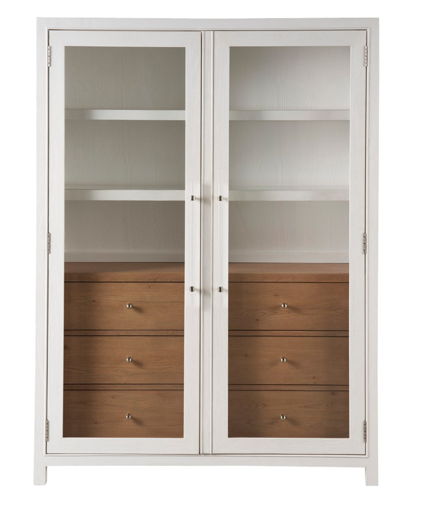 White cabinet with glass doors and wooden drawers on a white background