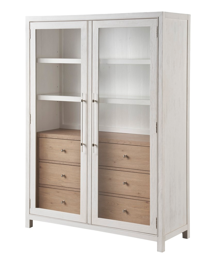 White cabinet with glass doors and wooden drawers on a white background