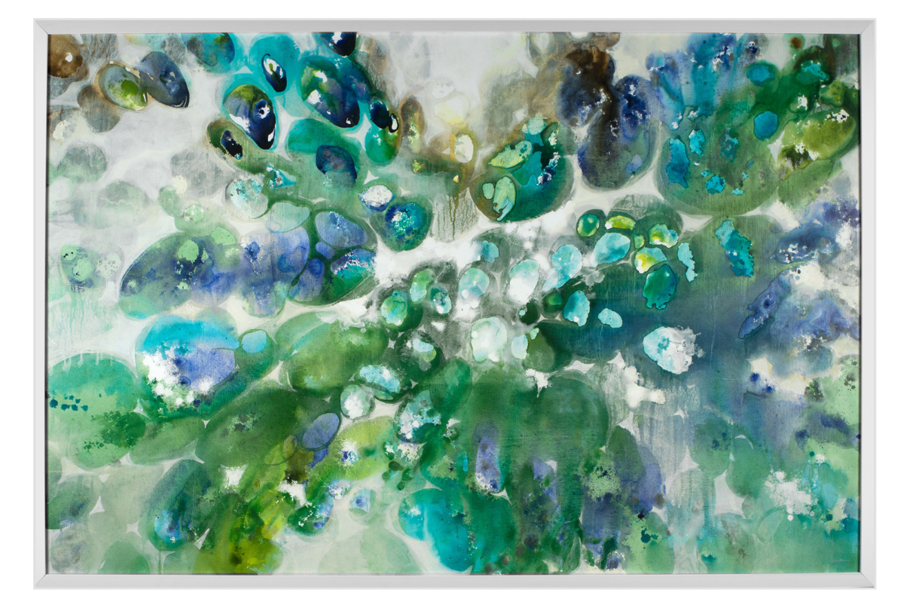 Abstract artwork in shades of green and blue in a white frame. 