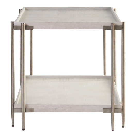 A white oak end table with a square tray top and a lower shelf, featuring a natural wood finish.