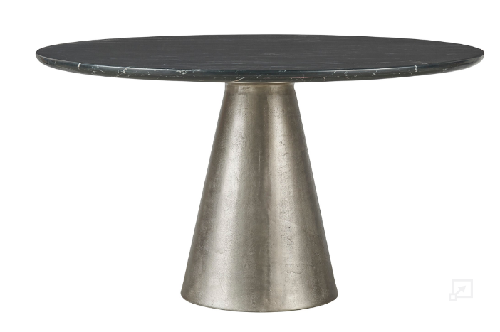A round dining table with a slate marble tabletop and metallic base.