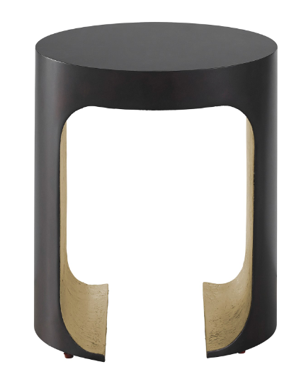 A round side table with a blackened bronze finish and a silver leaf interior visible through the transparent section.