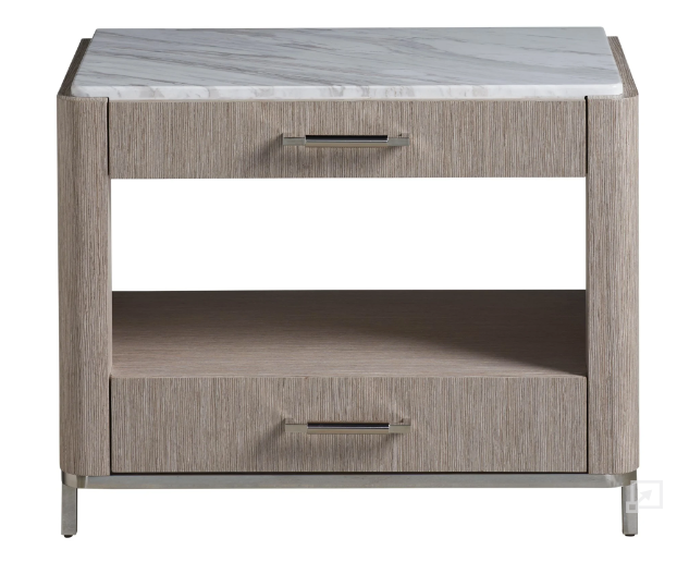 A Soren bedside table with a marble top, beige wooden drawer fronts, and a metal base.
