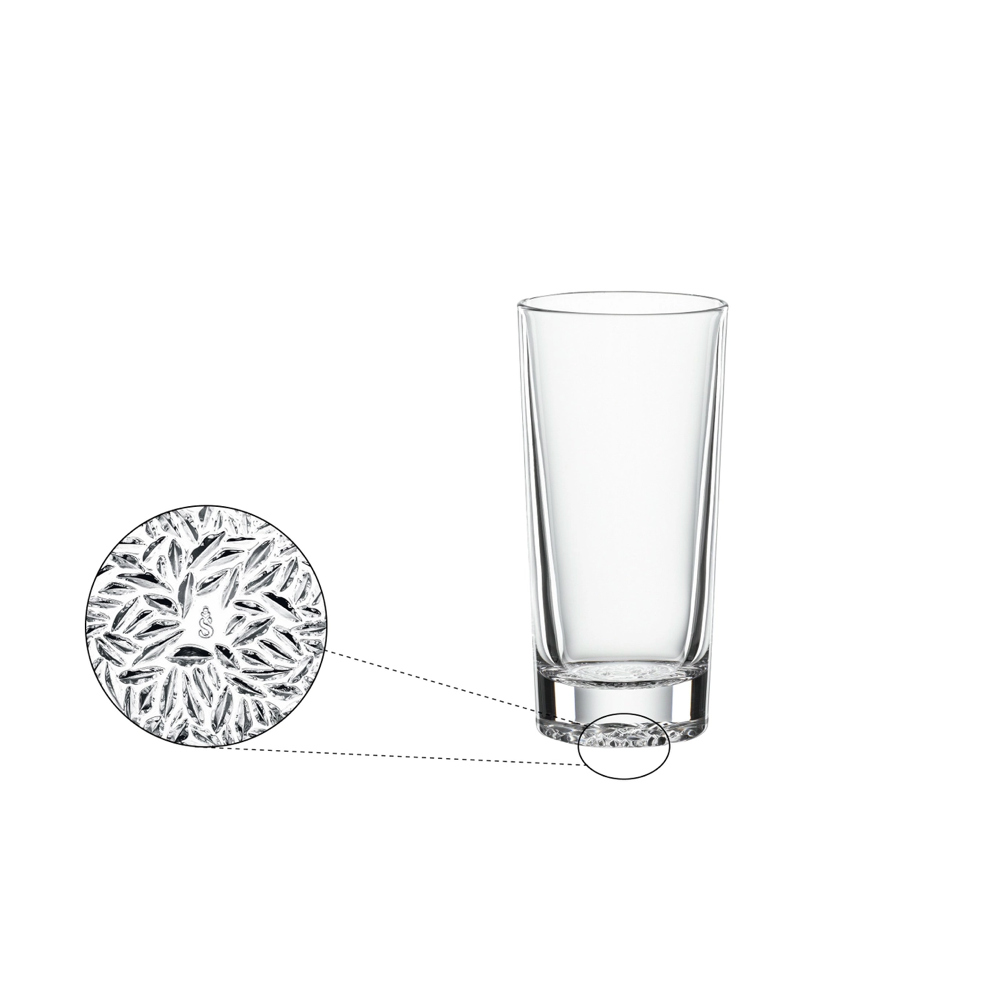A clear glass tumbler with a geometric pattern on the base.