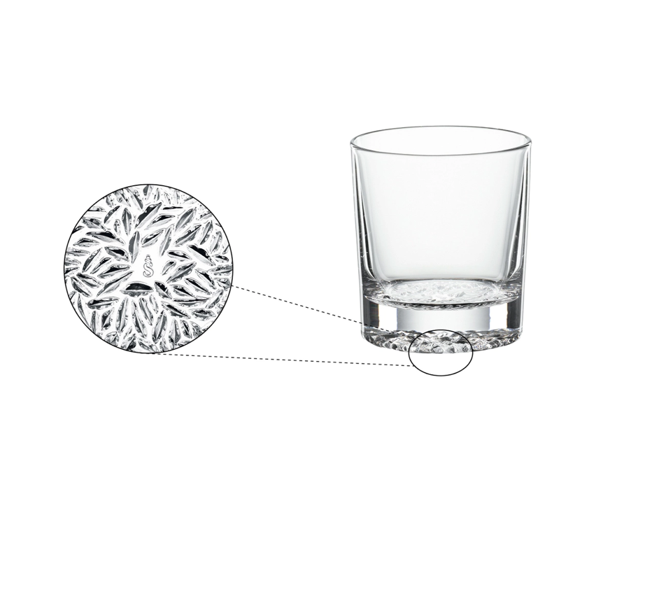Smooth glass whisky tumbler on a white background with a close-up image of the etched based. 