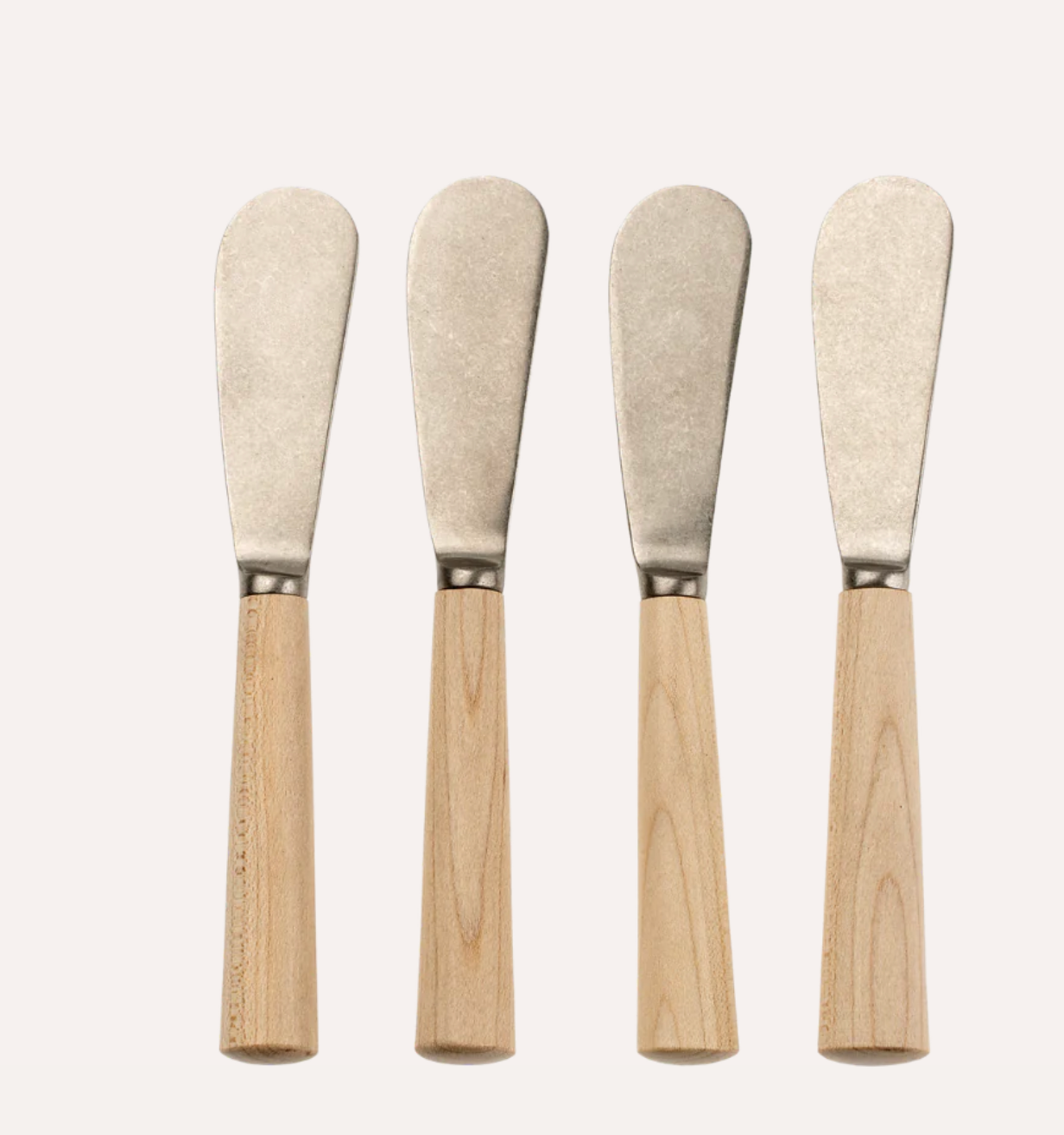 A set of four butter knives with natural maple wood handles and tumbled stainless steel blades, displayed side by side against a white background.