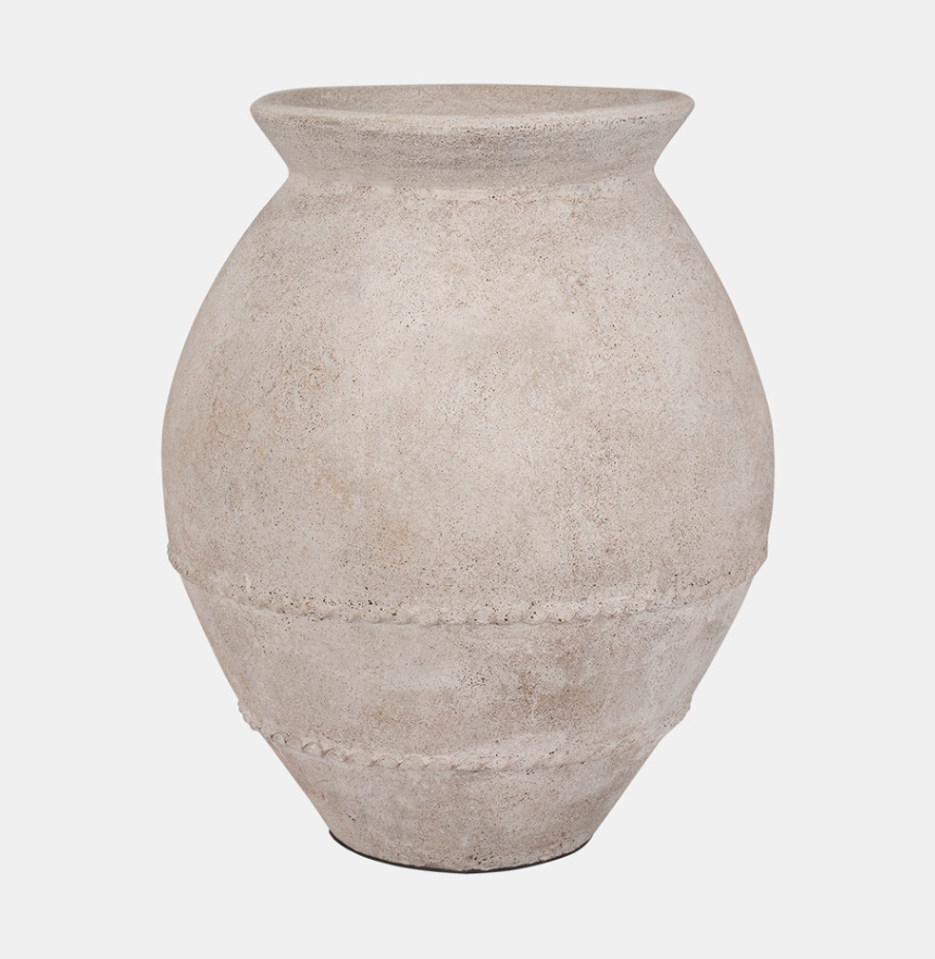 A beige terracotta traditional jug vase with a textured surface.