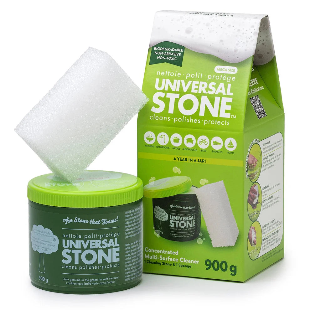 Universal Stone cleaning product set with jar and packaging on a white background