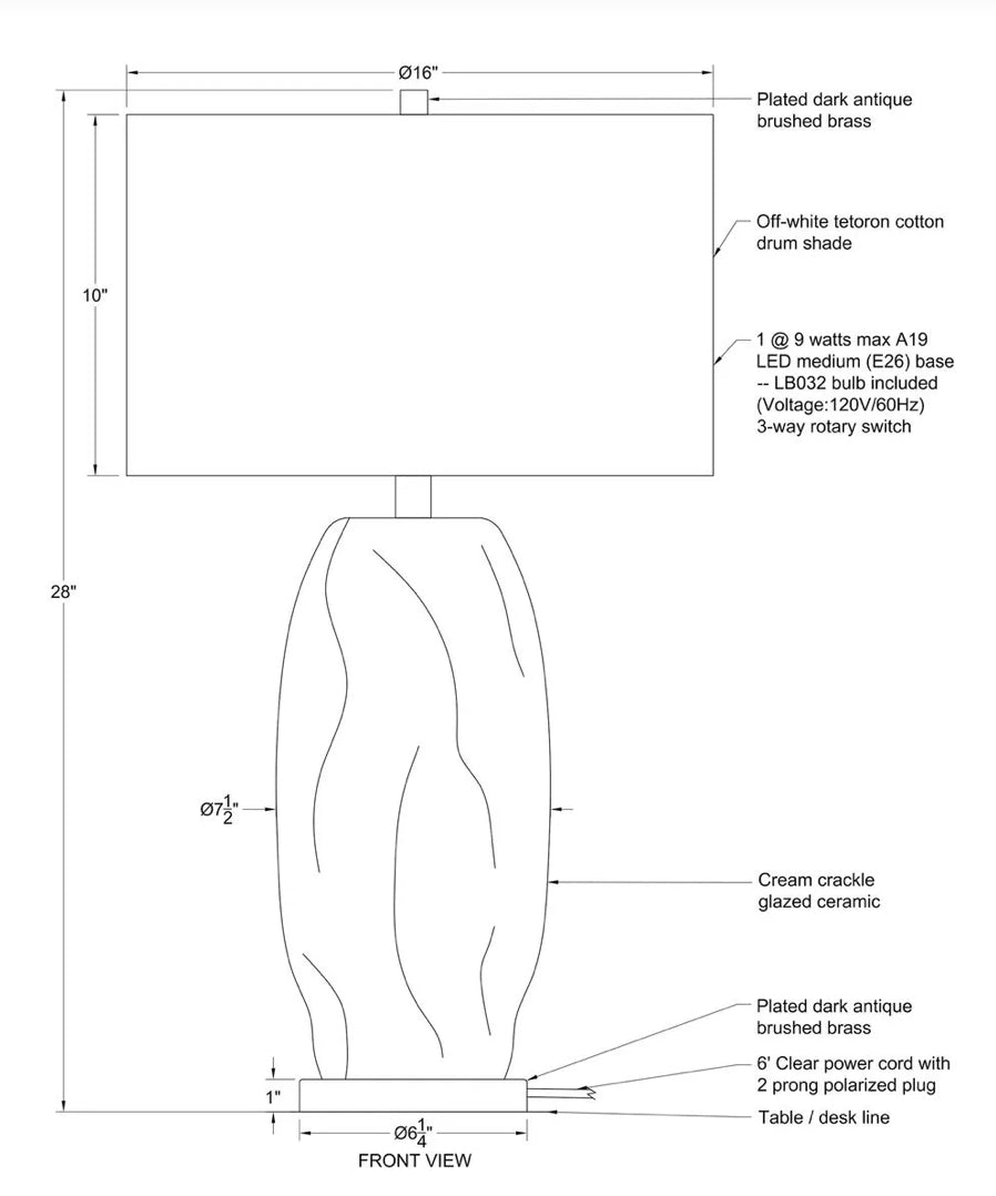 Technical drawings for the Virga lamp with measurements and material details. 