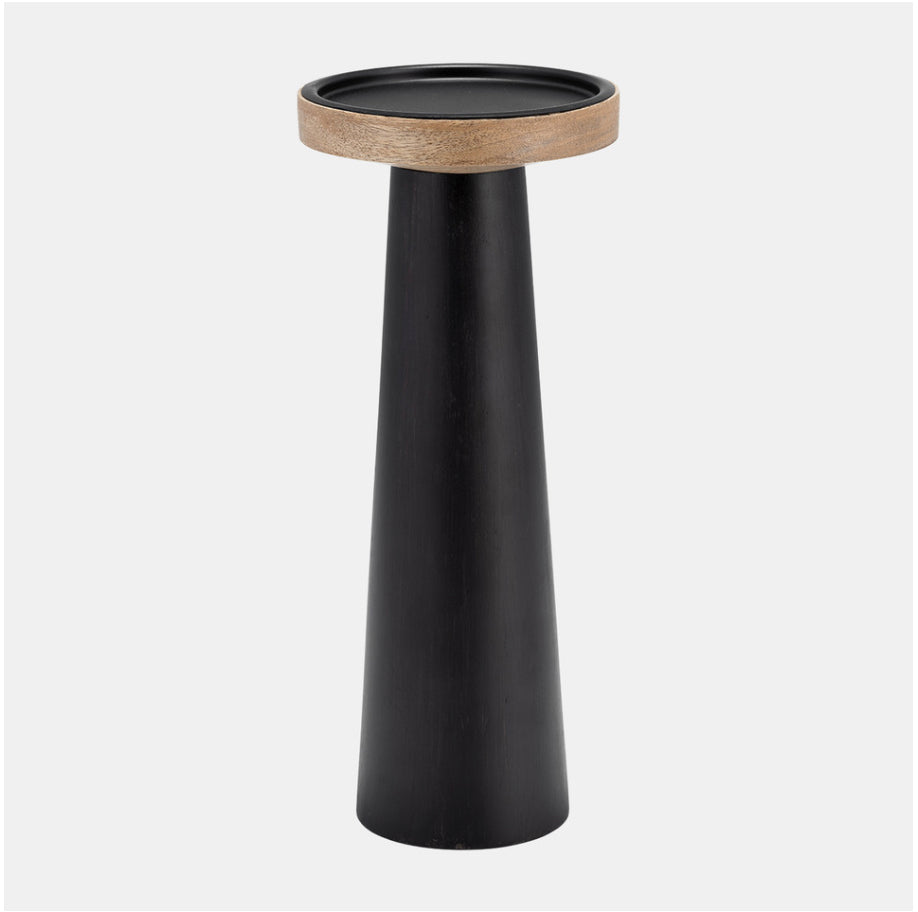 A black flat candle holder with a natural wood top, 12 inches in height.