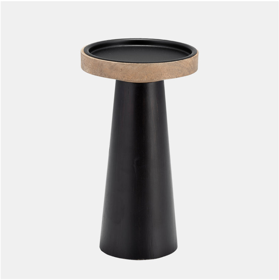 A black flat candle holder with a natural wood top, 9 inches in diameter.